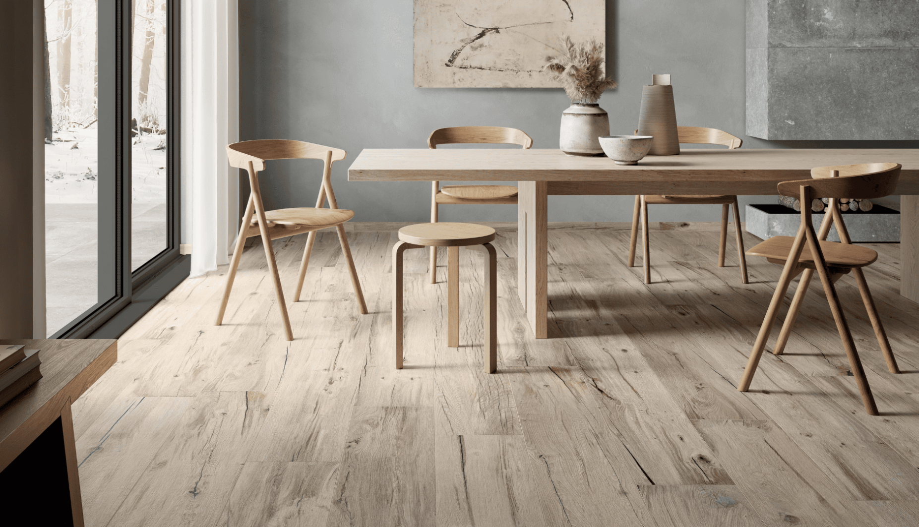 Le carrelage Nordikwood de chez Tots est un carrelage intérieur aspect bois de couleur beige.