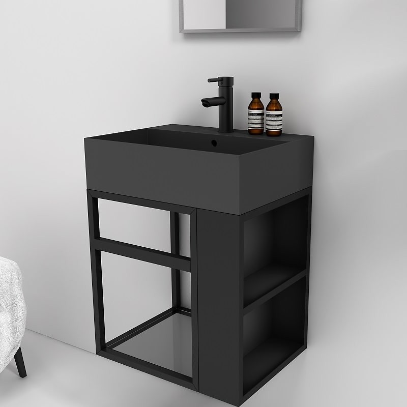 Meuble lave-mains pour wc noir avec vasque contemporaine en solid